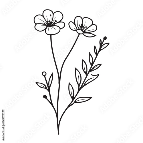 vertical poster or card template with a simple icon of a mallow bud drawn with several lines in line art style, for logos and tattoos