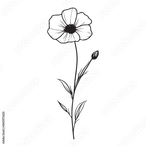 vertical poster or card template with a simple icon of a mallow bud drawn with several lines in line art style, for logos and tattoos