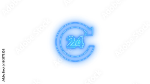 Neon glowing 24 hour refresh arrow icon on transparent background symbolizing continuous operation, full-time service, always active, loop cycle, modern technology, digital availability concept design