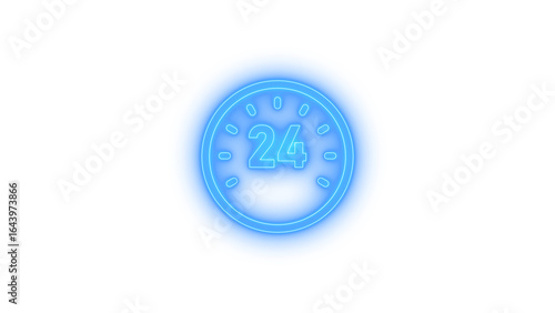 Neon glowing 24 hour clock icon on a transparent background, representing nonstop service, time, open availability, glowing cyberpunk blue light, futuristic digital time, and countdown