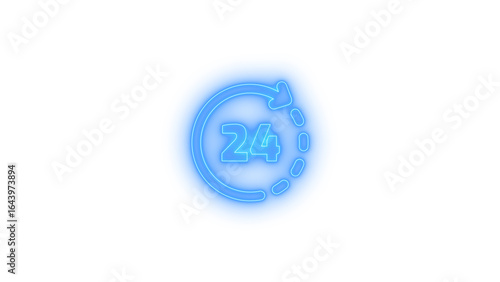 Neon glowing 24 hour rotating arrow icon with dashed clock outline on transparent background representing continuous cycle, around the clock service, time management and nonstop digital operation
