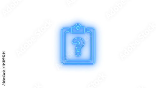 Neon glowing clipboard with question mark icon on transparent background representing faq, help request, form survey, inquiry, support ticket, troubleshooting, unknown task