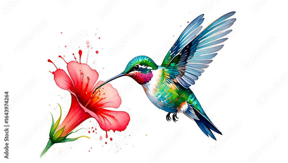 Obraz premium Vibrant watercolor hummingbird sips nectar from a lush red trumpet flower