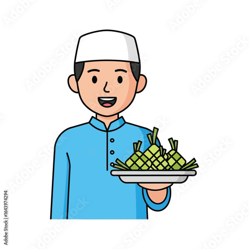Cartoon man wearing a cap holds a plate of ketupat, a traditional rice dumpling.
