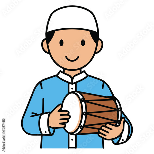Cartoon illustration of a smiling Muslim boy holding a traditional drum.
