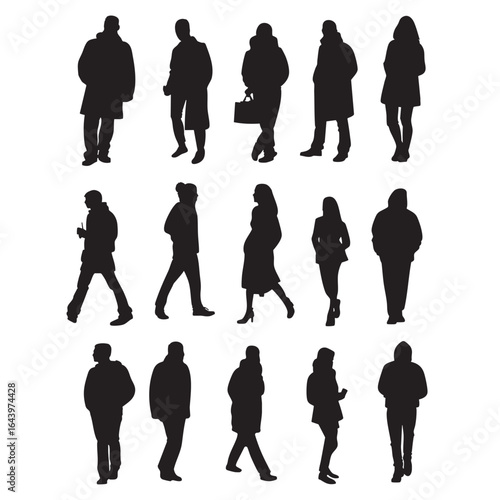 Silhouettes of various people, casual and trendy outfits, social interaction, lifestyle concept, versatile use for creative projects. Group of professional silhouettes in a row.