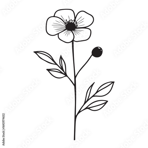 vertical poster or card template with a simple icon of a mallow bud drawn with several lines in line art style, for logos and tattoos