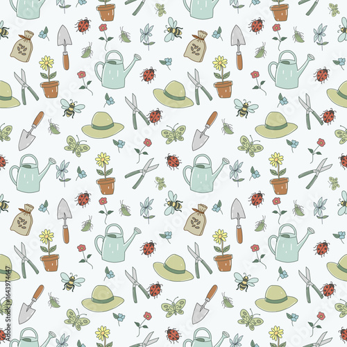 Cute Hand-Drawn Gardening Tools and Nature Seamless Pattern