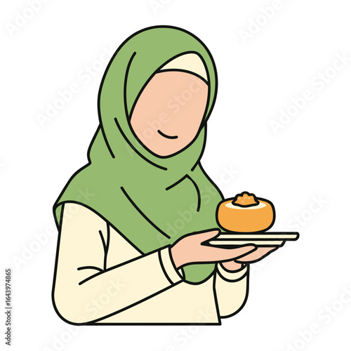 Woman in Headscarf Offering Dessert A Cultural Illustration