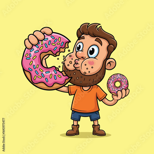 A hungry cartoon man with a beard happily biting into a giant pink frosted doughnut with colorful sprinkles. Funny vector character mascot for a sweet shop, bakery, or junk food concepts.