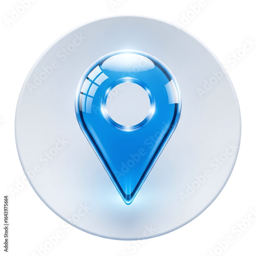 Shiny blue glass map pin location marker icon with subtle glow isolated on transparent background