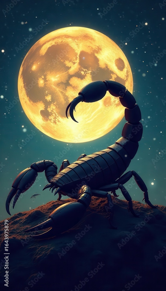 Naklejka premium A large black scorpion with its tail raised stands on textured ground against a bright full moon and starry night sky