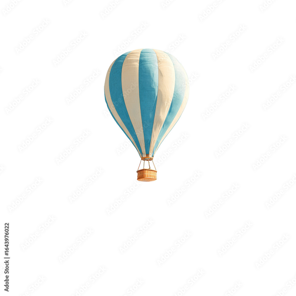 Fototapeta premium Blue-striped hot air balloon ascends, clear sky background, travel adventure