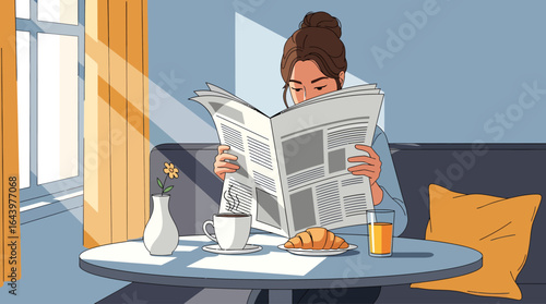 Woman Reading Newspaper with Coffee and Breakfast in Morning Light.