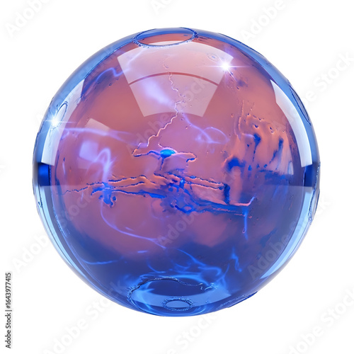Abstract glowing blue sphere with internal nebula patterns and reflections isolated on transparent background