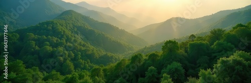 Lush green mountains under a hazy sunlit sky revealing layered peaks 83 characters