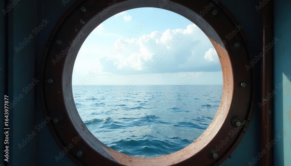 Fototapeta premium View of the calm sea and blue sky through a rustic porthole window Ocean