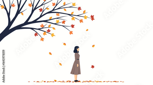 Woman Standing Under Autumn Tree with Falling Leaves Contemplative Scene.
