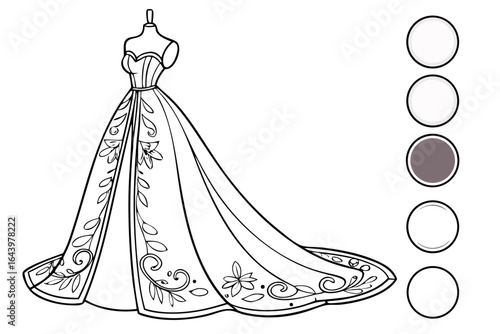 Intricate line art of an elegant long dress on a mannequin, featuring beautiful floral patterns, perfect for fashion design concepts or a creative coloring page.