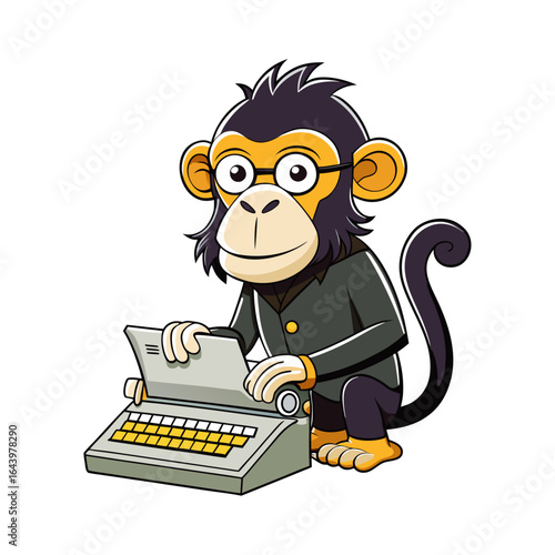Playful cartoon monkey typing frantically on vintage typewriter in humorous creative vector illustration for writers, bloggers, and storytelling projects