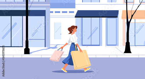 Woman Walking with Shopping Bags in a City Street Vector Illustration.