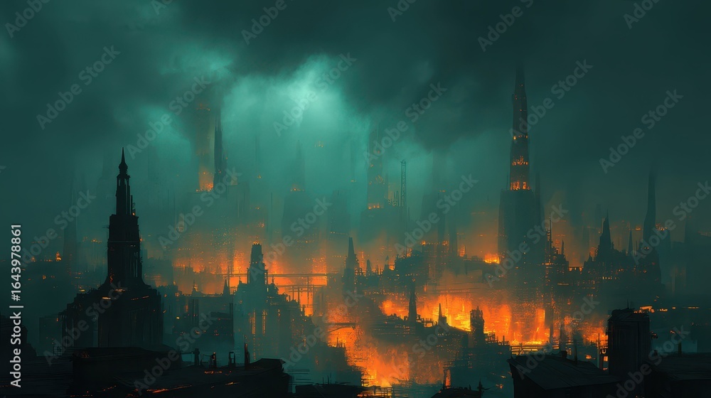 Naklejka premium Post-Apocalyptic City with Glowing Ruins Under Dark Clouds