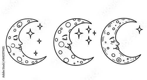 Outline Set 3 Icons, Black on White, Doodle, Different Moons  
