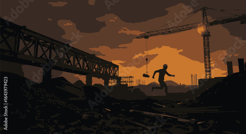 Vector illustration of a lone silhouette running for survival through a desolate industrial construction zone at sunset.