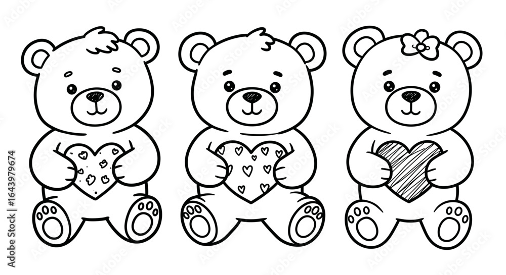 Three cute teddy bears holding hearts in doodle style illustration Three cute teddy bears holding hearts in doodle style illustration