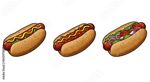 Outline set of 3 hot dogs icons, black on white, doodle style  