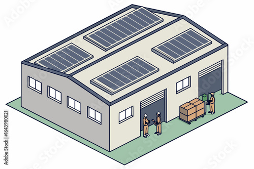 A warehouse roof with skylights and solar panels above active internal operations, representing energy-efficient facilities, modern flat illustration style.