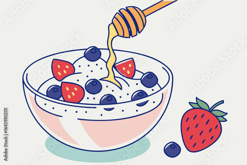 A glass bowl of Greek yogurt topped with fresh berries, chia seeds, and a drizzle of honey, symbolizing healthy breakfast, modern flat illustration style.