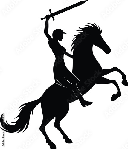 Brave Female Warrior Riding Rearing Horse with Sword Silhouette: Strong Woman, Equestrian Power, Courage, and Freedom, Black Vector Graphic.