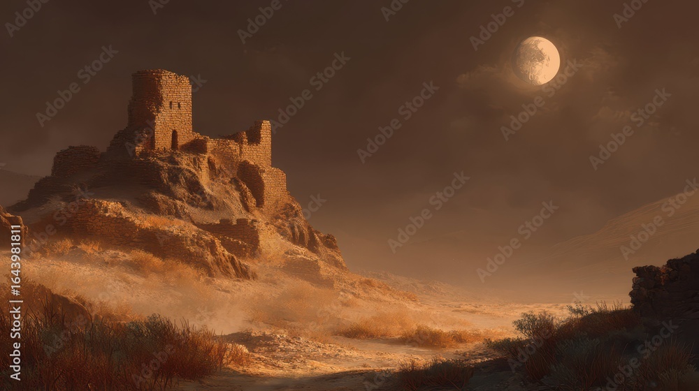 Fototapeta premium Ruins of a Desert Fortress Under the Moonlight in a Dramatic Scene