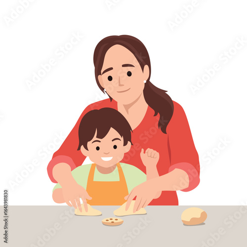 Mother helps her child prepare dough, creating a joyful bonding moment in the kitchen. Flat vector illustration isolated on white background