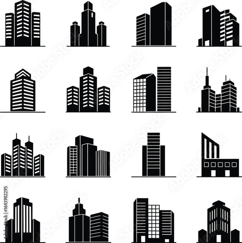 City Buildings Silhouette Set – Modern Urban Architecture Icons, vector illustration