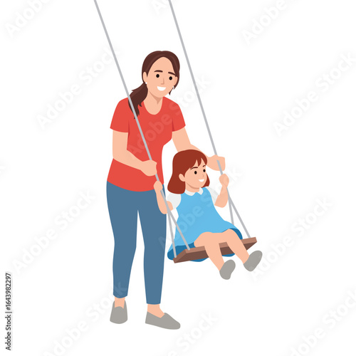 Mother happily pushes her daughter on a swing, sharing a joyful outdoor moment together. Flat vector illustration isolated on white background