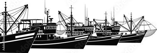 Black and white illustration of a fleet of commercial fishing boats docked in a harbor, ready for a day of fishing at sea, with detailed nets and rigging visible.