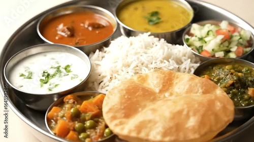 Indian thali bowls of curry rice yogurt veggies dal salad  puri arranged on a metal tray