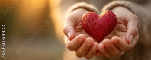 Hands gently cradling a red heart symbolizing love and care