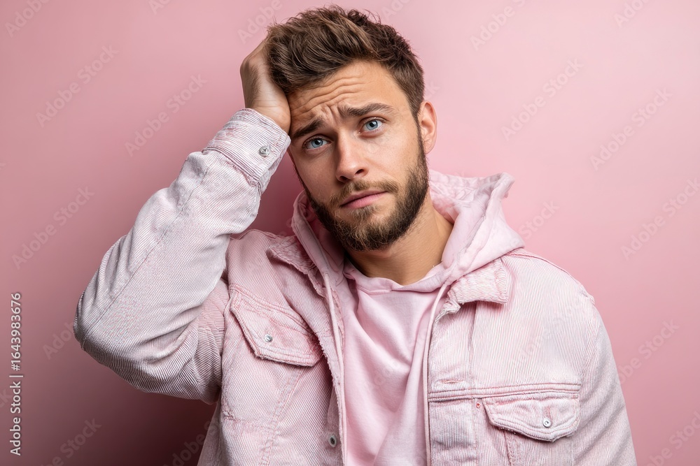 Worried man in pink jacket Head in hand frowning eyes looking up on a pink background Worried man in pink jacket Head in hand frowning eyes looking up on a pink background
