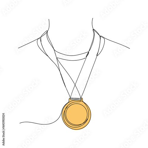 Line drawing of a gold medal hanging around a neck with ribbons  