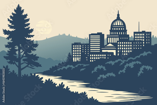 Boise skyline at twilight with the foothills in shadow and tall trees along the Boise River, modern flat illustration style.