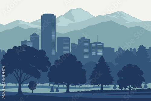 Denver skyline at dusk with the Rocky Mountains silhouetted in the background and tree-lined parks in the foreground, modern flat illustration style.