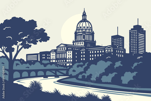 Des Moines skyline at twilight with the Capitol dome lit up and trees surrounding the riverbank, modern flat illustration style.