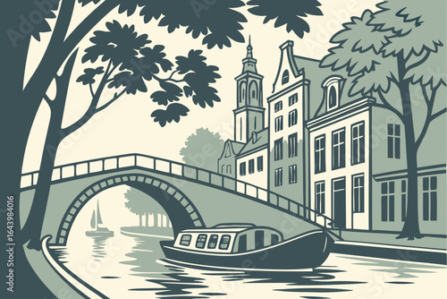 Discover the tranquil waterways of Utrecht, framed by old wharf cellars and leafy trees in modern flat illustration style.