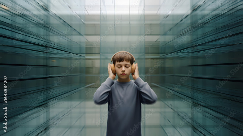 Fototapeta premium Autistic child boy with headphones in glass tunnel blur effect, conceptual image symbolizing sensory hypersensitivity, autism spectrum and perception challenges