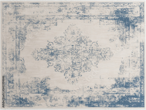 Elegant vintage blue and beige rug showing a worn design