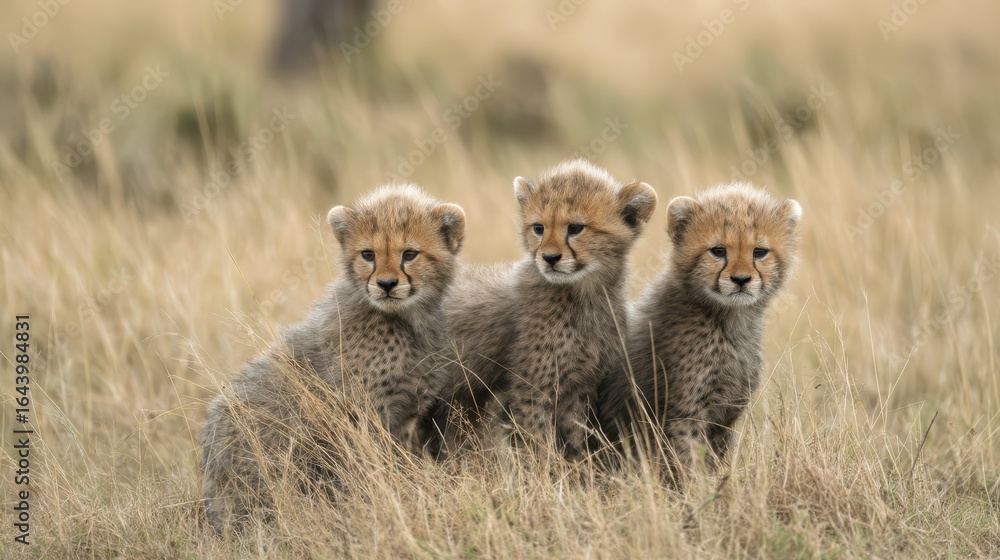 Obraz premium Smiling Cheetah Cubs Playful in the Savannah Grassland Landscape