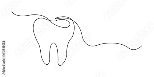 Vector continuous one simple single abstract line drawing of tooth dental clinic and care concept, Single line drawing of a tooth, Single continuous line art anatomical human tooth silhouette implant